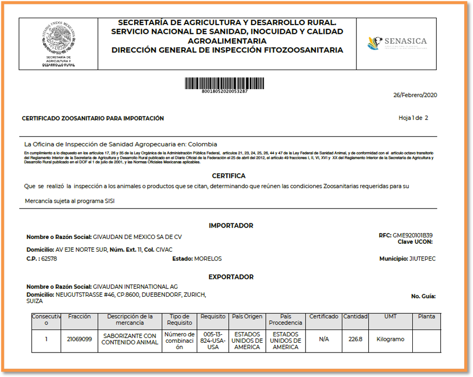 Logycom ejemplo de certificado zoosanitario de importación